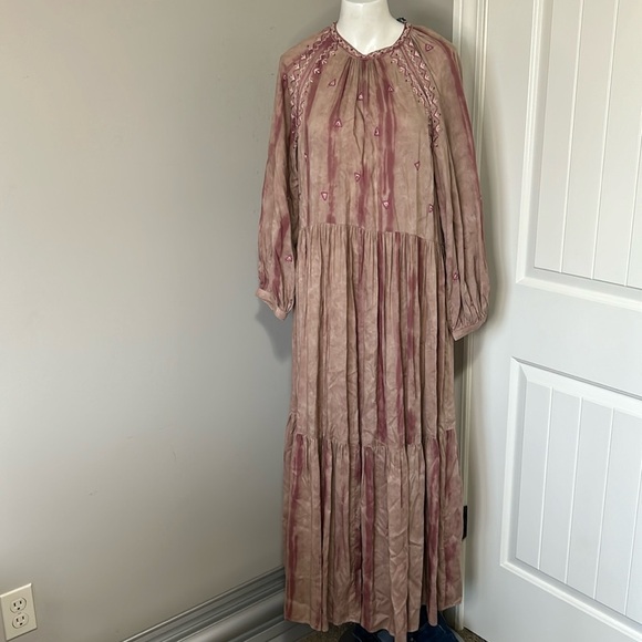 ZARA Embroidered Beaded Tie Dye Dusky Pink Boho Maxi Tiered Dress Sz M NEW - Picture 5 of 15